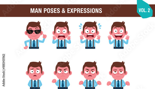 man, poses, expressions, cartoon, character, emotions, happy, angry, scared, confused, business, avatar, flat, illustration, set, collection, isolated, white