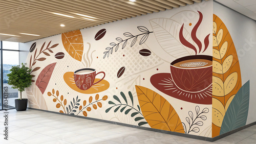 Photos Modern minimalist hallway with a large stylish wall mural featuring abstract coffee beans, cups, and botanical elements in warm earth tones