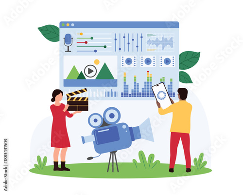 Video production and editing, film montage, content generation. Tiny people edit animation, sound and timeline with visual automation tools on window of editor software cartoon vector illustration