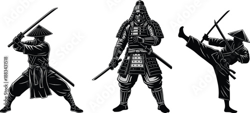 Samurai warriors collection in black silhouette, traditional Japanese swordsmen poses with katana, martial arts vector illustration set