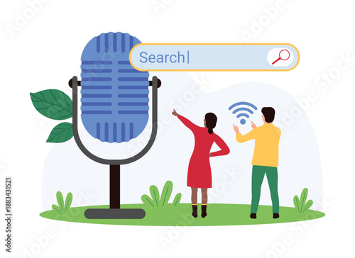 Voice search online, user recognition and application control by customer commands. Tiny people use browsers search bar and microphone to find information on internet cartoon vector illustration