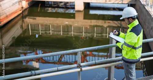 Foto Professional Asian engineer inspecting water quality at a wastewater treatment plant