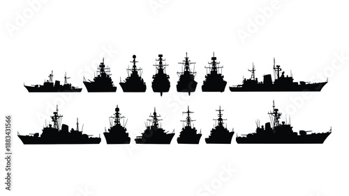Silhouettes of various naval ships isolated on white background, Vector