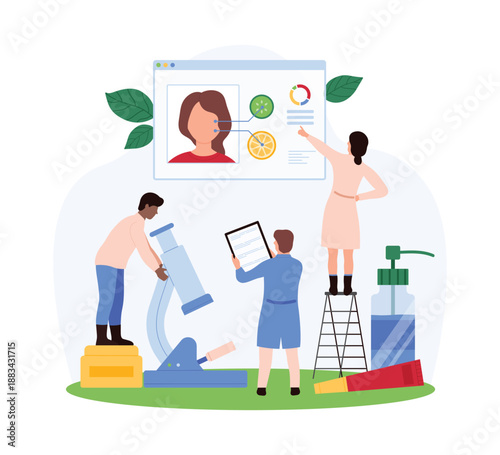 Scientists conducting cosmetic research with microscope, large display screen showing skin analysis. One records data, another points to results, symbolizing skincare innovation vector illustration