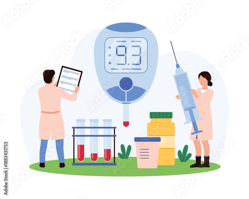 Scientists monitoring diabetes with advanced technology. One records data on a clipboard, another handles a large syringe, and a glucose meter displays results vector illustration.