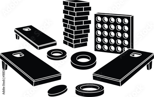 Cornhole game set with bean bag toss and wooden blocks, vector illustration design for rank titles, outdoor games, backyard activities, family fun, sports events, recreational projects, party invitati