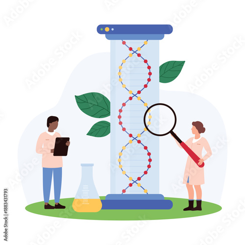 Scientists examining DNA strands within a test tube environment, with a researcher using a magnifying glass and holding a clipboard, highlighting innovation in genetic testing vector Illustration