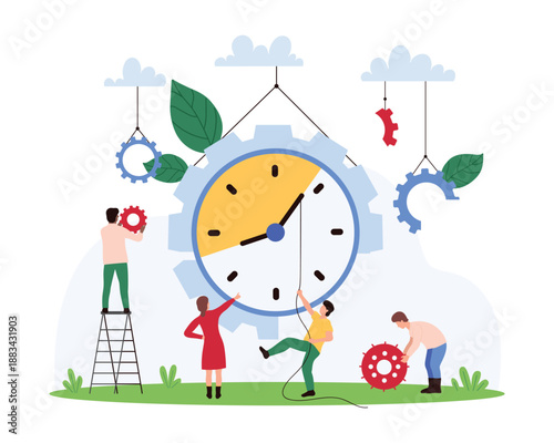 Individuals groups collaboratively managing time and productivity using large gears and clock, emphasizing teamwork, efficiency, and systematic organization for effective workflow vector illustration.