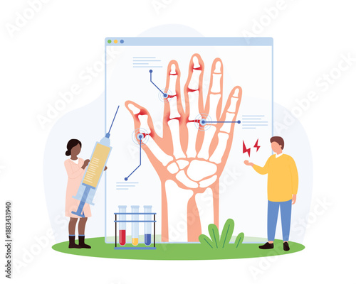 Doctors diagnosing hand arthritis using X-ray and medical tools, focusing on joint inflammation and treatment in a clinical environment vector illustration.