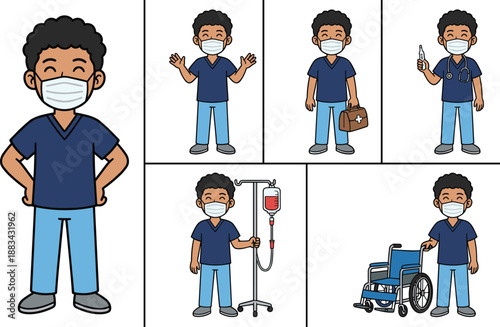 Smiling nurse character set, healthcare worker cartoon illustration, medical staff with mask, hospital service concept, friendly clinic, patient care