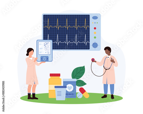 Medical team measuring heart rate and blood pressure with modern equipment, ensuring patient health and accurate diagnostics in a clinical environment, vector illustration.