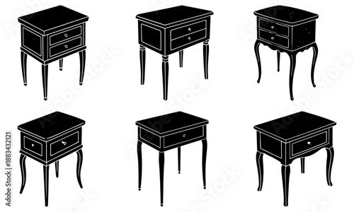 Five black and white drawer tables with curved legs on a white background furniture