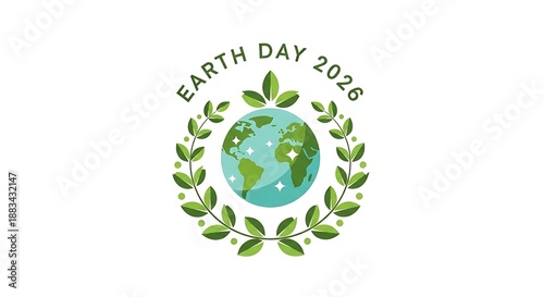 Earth Day 2026 Globe with Green Leaf Wreath Environmental Celebration Illustration