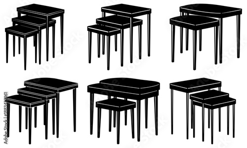 Set of black nesting tables with white outlines on white background furniture