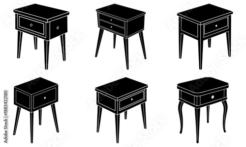 Five black and white side tables with drawers on white background furniture