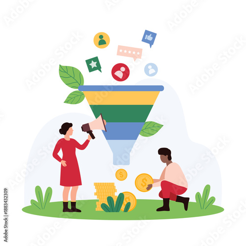 Marketing funnel strategy, inbound lead generation process. Tiny people generate sales with filter machine and advertising campaign, convert user attention into money cartoon vector illustration
