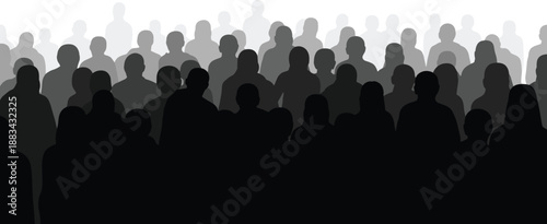 Layered silhouettes of faceless people in a dense crowd, symbolizing anonymity, population, and social unity