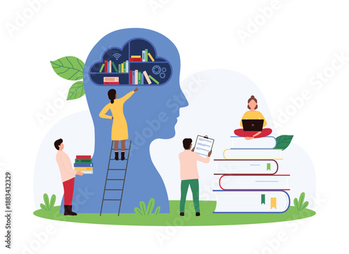 Learning and self education with help of AI assistant. Tiny people study online with artificial intelligence brain, learn from books on library shelf inside human head cartoon vector illustration