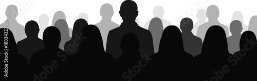 Silhouetted human figures arranged in layered rows with grayscale depth, symbolizing crowd dynamics and social anonymity