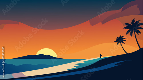 Serene sunset beach with surfer and palm trees