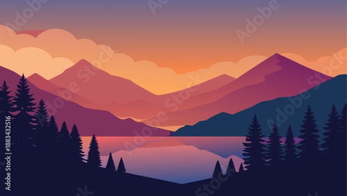 Serene mountain lake sunset with pine trees