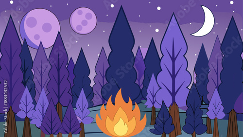 Magical forest campfire under moonlit night
