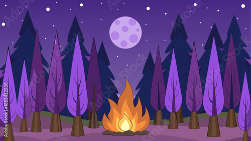 Cozy campfire in enchanted forest under moonlight