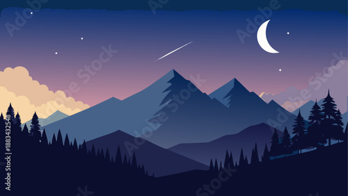 Nighttime mountain landscape with shooting star