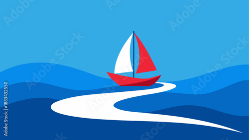 Sailboat on calm ocean with mountain background