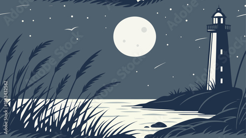 Nighttime lighthouse by the sea with moon and stars