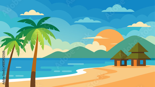 Tropical beach sunset with palm trees and beach hut