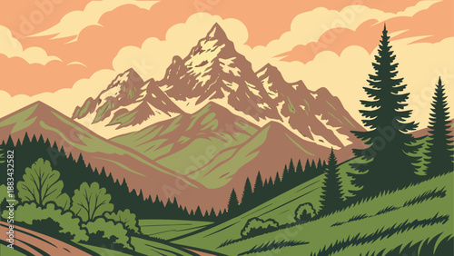 Vintage mountain landscape with pine trees and sunset