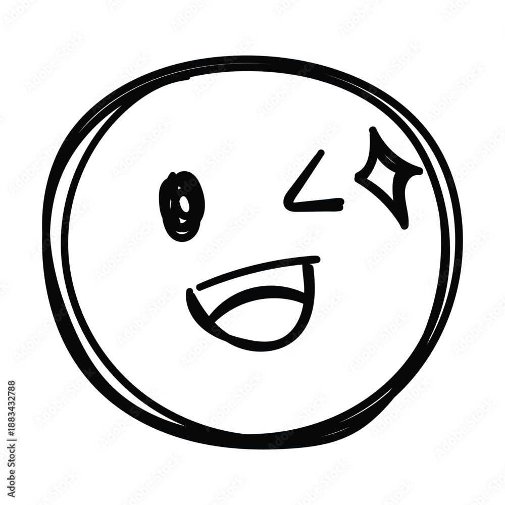 Obraz premium Winking and smiling doodle sketch face icon with sparkle effect showing excitement or joy