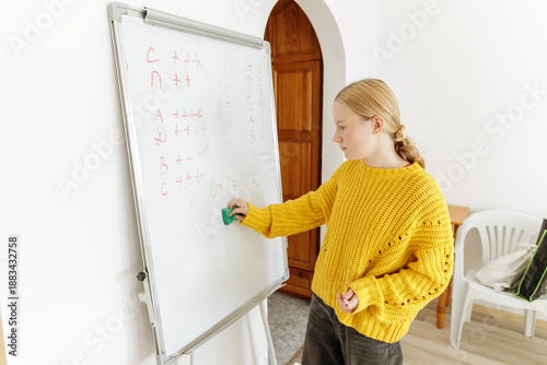 Photography Teenage girl studying at home, writing and erasing notes on whiteboard, homescho