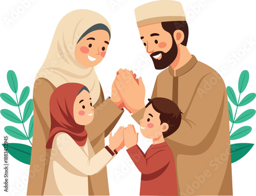 Illustration of a Muslim family celebrating Eid Mubarak with hands stacked together in a joyful moment.