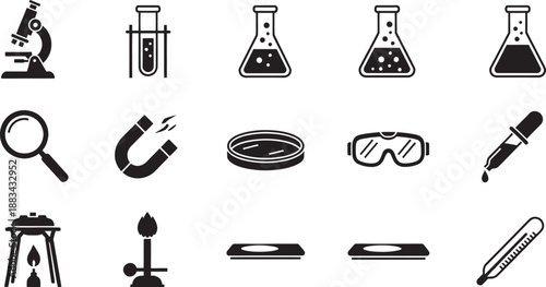 A collection of various laboratory equipment icons for science experiments