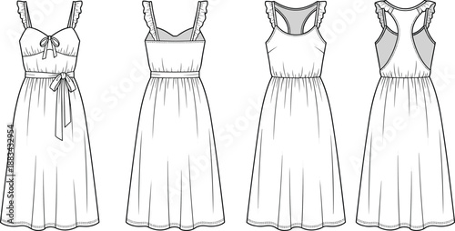 Women maxi dress technical flat sketch, fashion design illustration, front back views, sleeveless apparel blueprint garment vector drawing