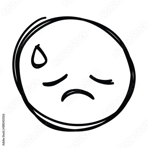 Tired or sleepy doodle emoji face icon in hand drawn sketch style, emotion icon, vector illustration