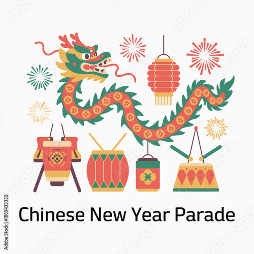 Konstfotografi Chinese New Year Parade Illustration with Dragon Dance, Lanterns and Traditional