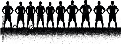 Soccer team player silhouettes standing in lineup on grass, football squad unity concept, sports illustration black white