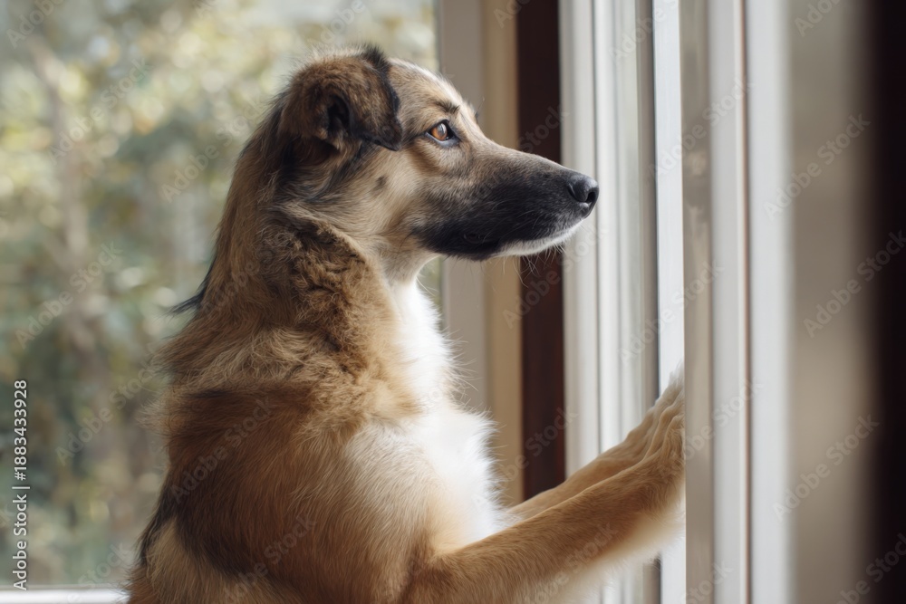 Obraz premium Thoughtful dog gazing out window on bright day