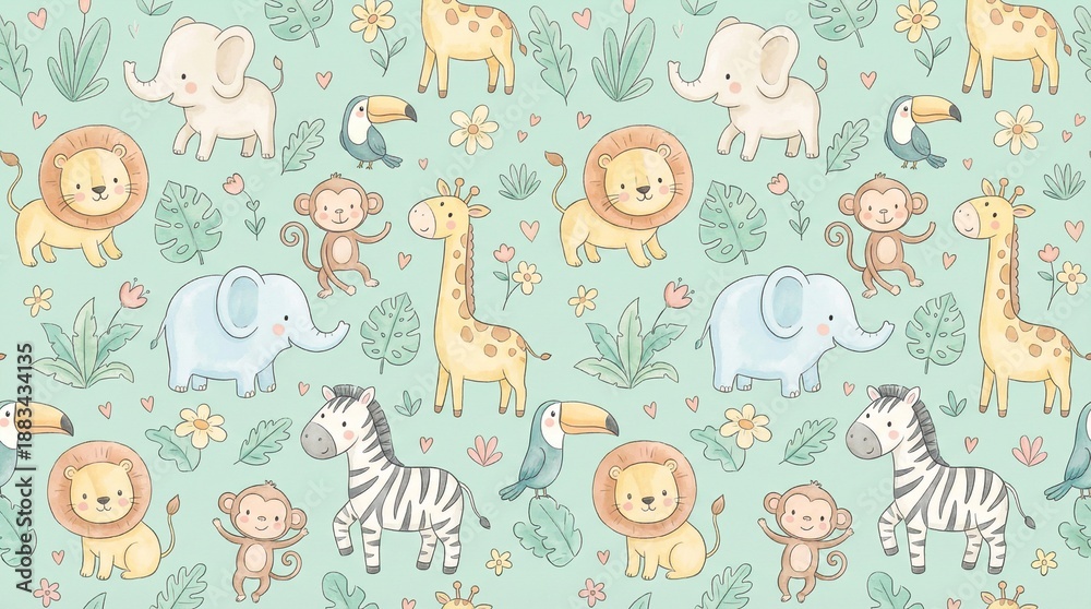 Obraz premium Cute Jungle Animals Seamless Pattern in Soft Pastel Style for Kids