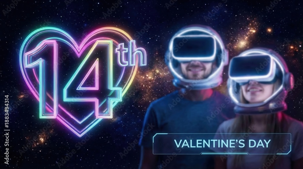 Fototapeta premium A couple in VR headsets celebrating a futuristic Valentine's Day in space. Man and woman in astronaut helmets with a glowing neon 14th heart sign in the metaverse