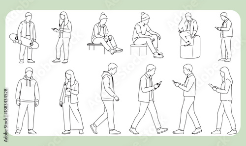 Outline drawing of young people sitting and walking using their mobile phones and skateboards