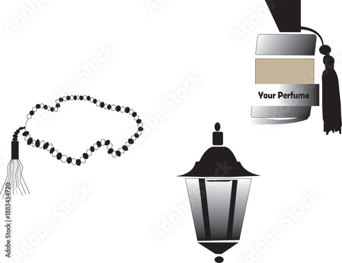Islamic Tasbih with White and Black Prayer Beads, Lantern and Perfume Icons