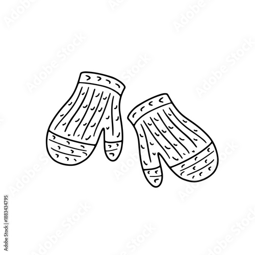 Hand drawn black and white doodle pair of thick knitted mittens icon. Line art woolen knitwear drawing