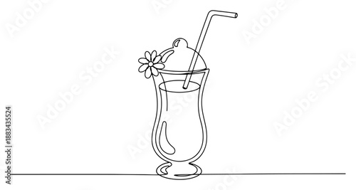 Summer Cocktail or Milkshake Glass Continuous Line Art. Tropical Beverage with Straw and Flower Sketch. Refreshing Drink Concept.
