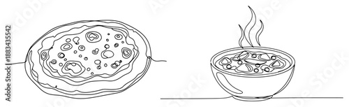 Pizza and Hot Soup Bowl Continuous Line Art Vector Illustration. Italian Food Lunch Combo Sketch. Restaurant Menu Concept.
