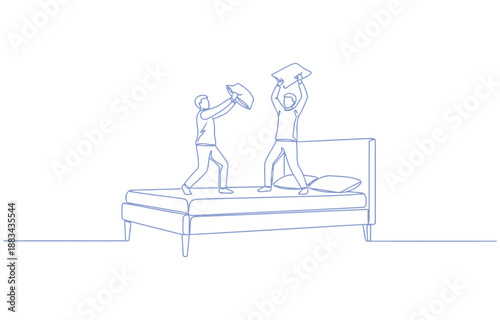 Men stand close to each other swinging pillows to stab an opponent - one line drawing vector illustration 
