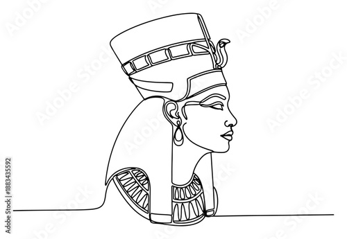 Egyptian Queen Nefertiti Continuous Line Art Vector Illustration. Ancient Pharaoh Profile Sketch. Royal History Symbol.